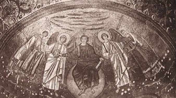 Black and white image of the mosaic in the apse at the Basilica San Vitale, Ravenna.